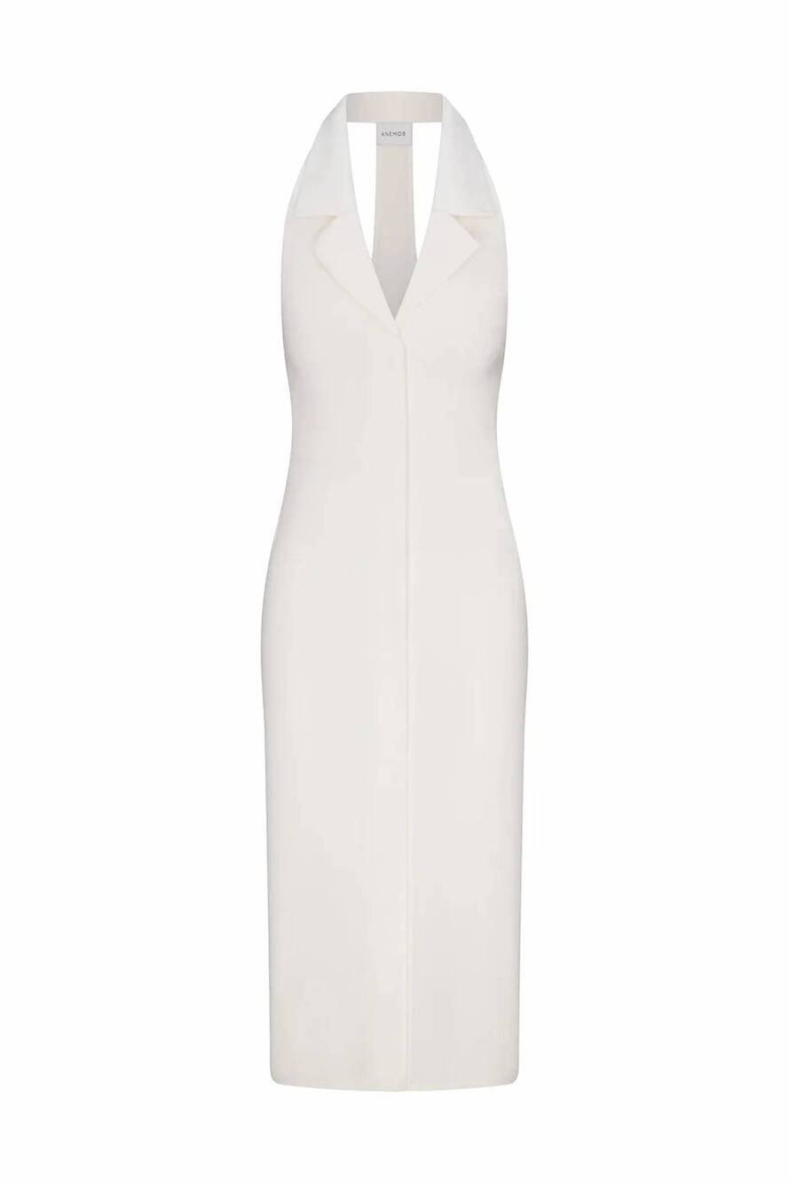 NEW ANEMOS women's bond midi dress in stretch twill in white